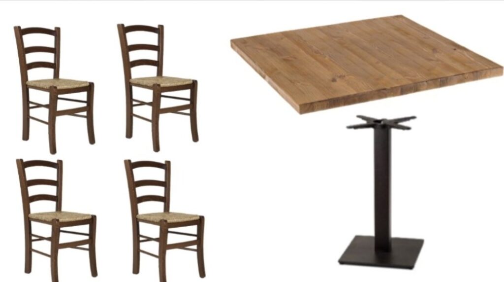 Set Tavoli Basamento in Ghisa e Piano Legno + Sedie Paglia Bar Pub Ristorante e pizzeria