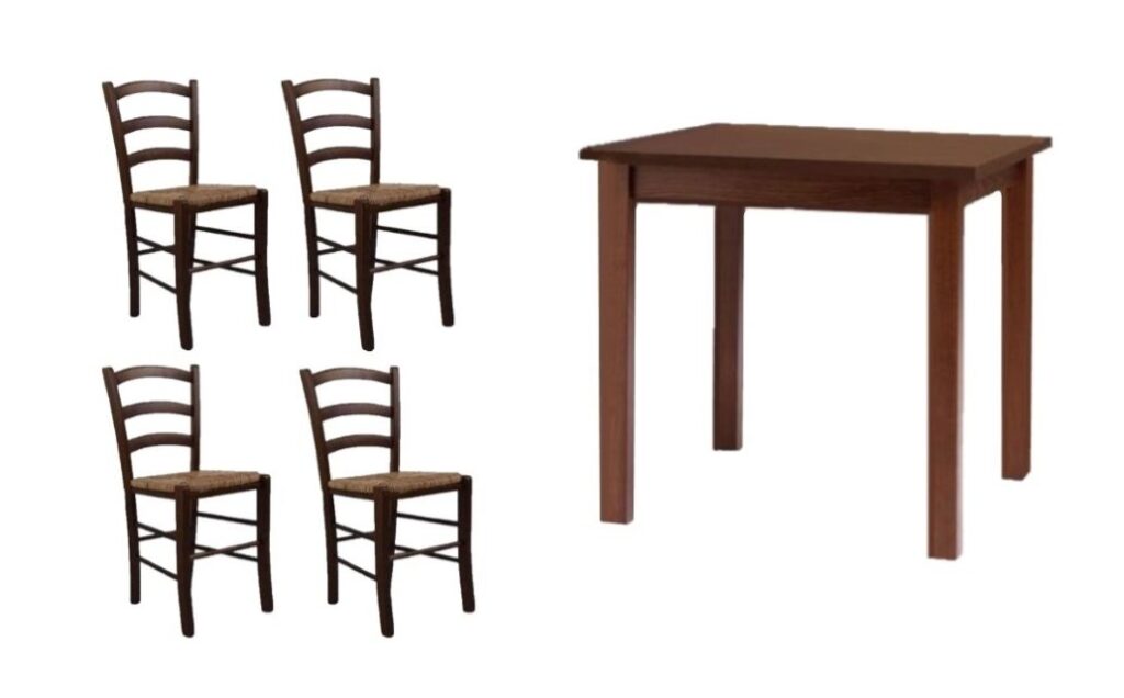 Set tavolo + 4 sedie Venezia impagliate color noce per bar ristorante, pub, pizzerie, taverne, B&B, trattorie e bar.